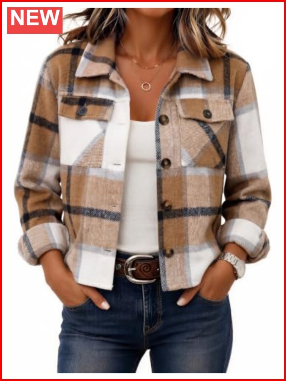 Zeagoo Women's Cropped Plaid Flannel Shacket Button Front Loose Fit Casual